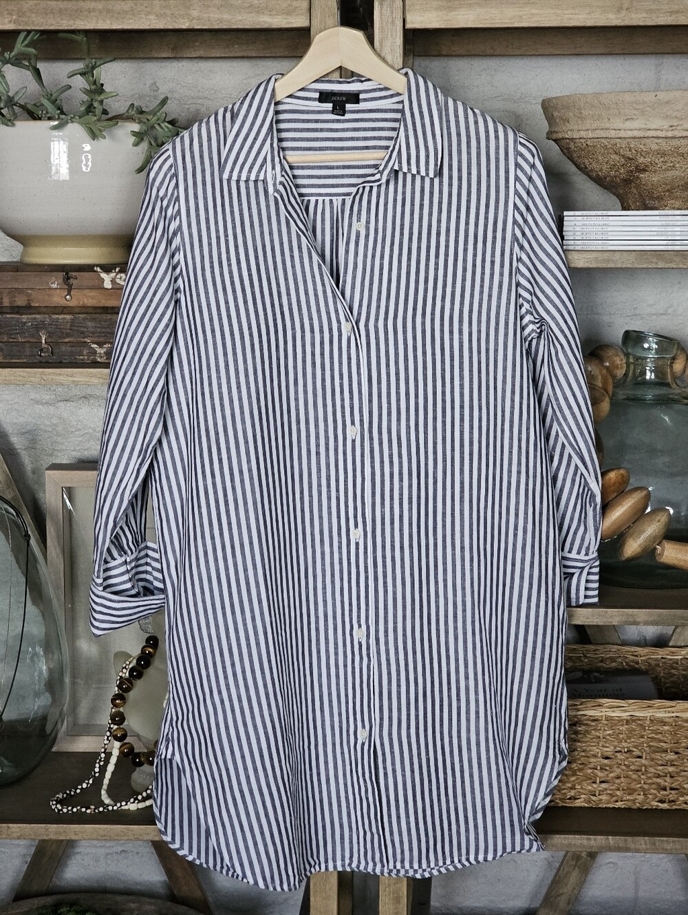 J. Crew Classic-fit beach shirt dress striped linen blend Size L  NWOT